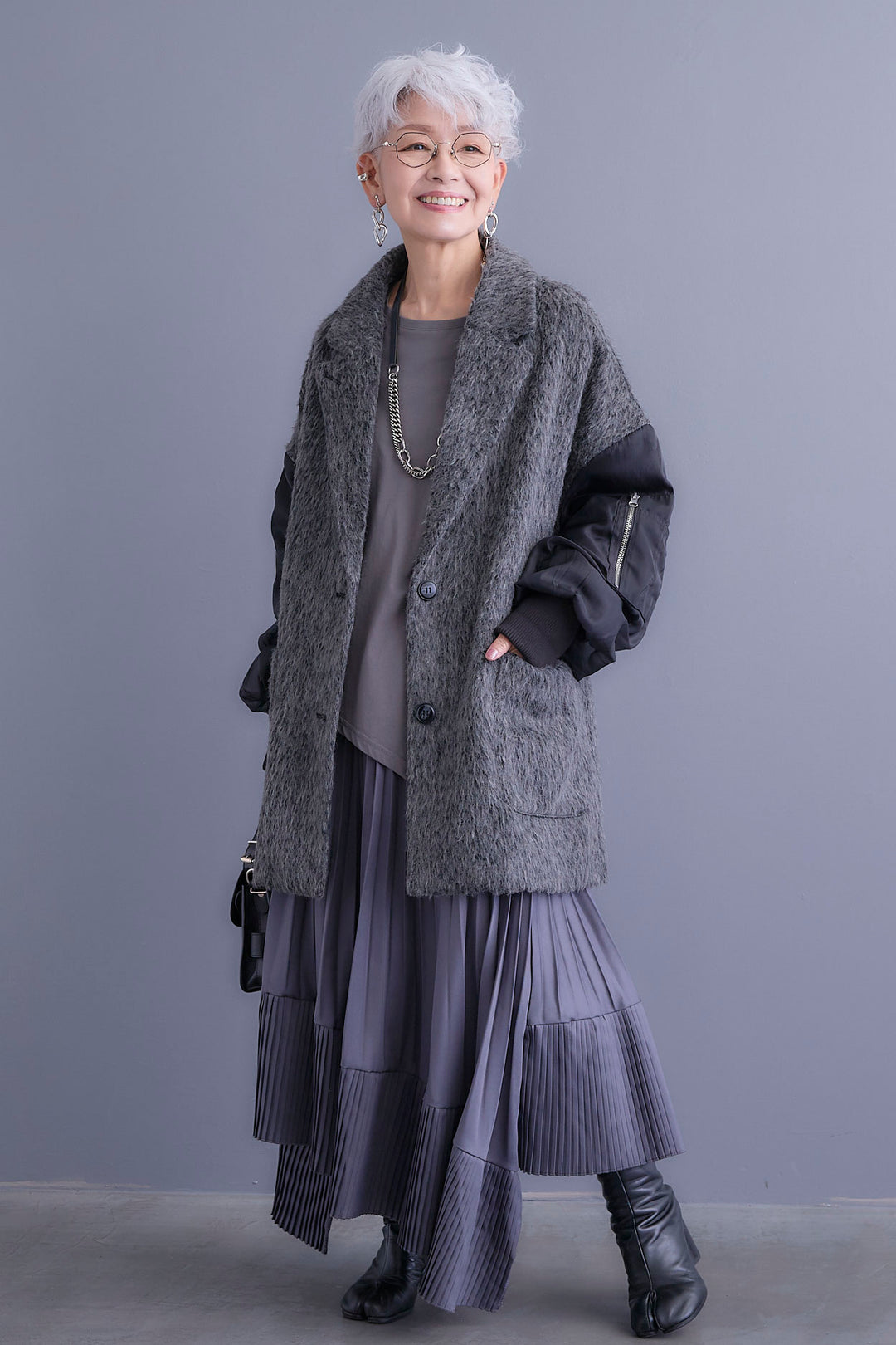 【新色追加】【SET】アシンメトリーロンT+チュールレイヤードMA-1シャギーオーバーコート+アシンメトリープリーツスカート(3set)