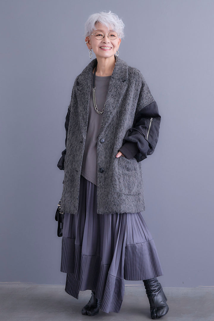 【新色追加】【SET】アシンメトリーロンT+チュールレイヤードMA-1シャギーオーバーコート+アシンメトリープリーツスカート(3set)