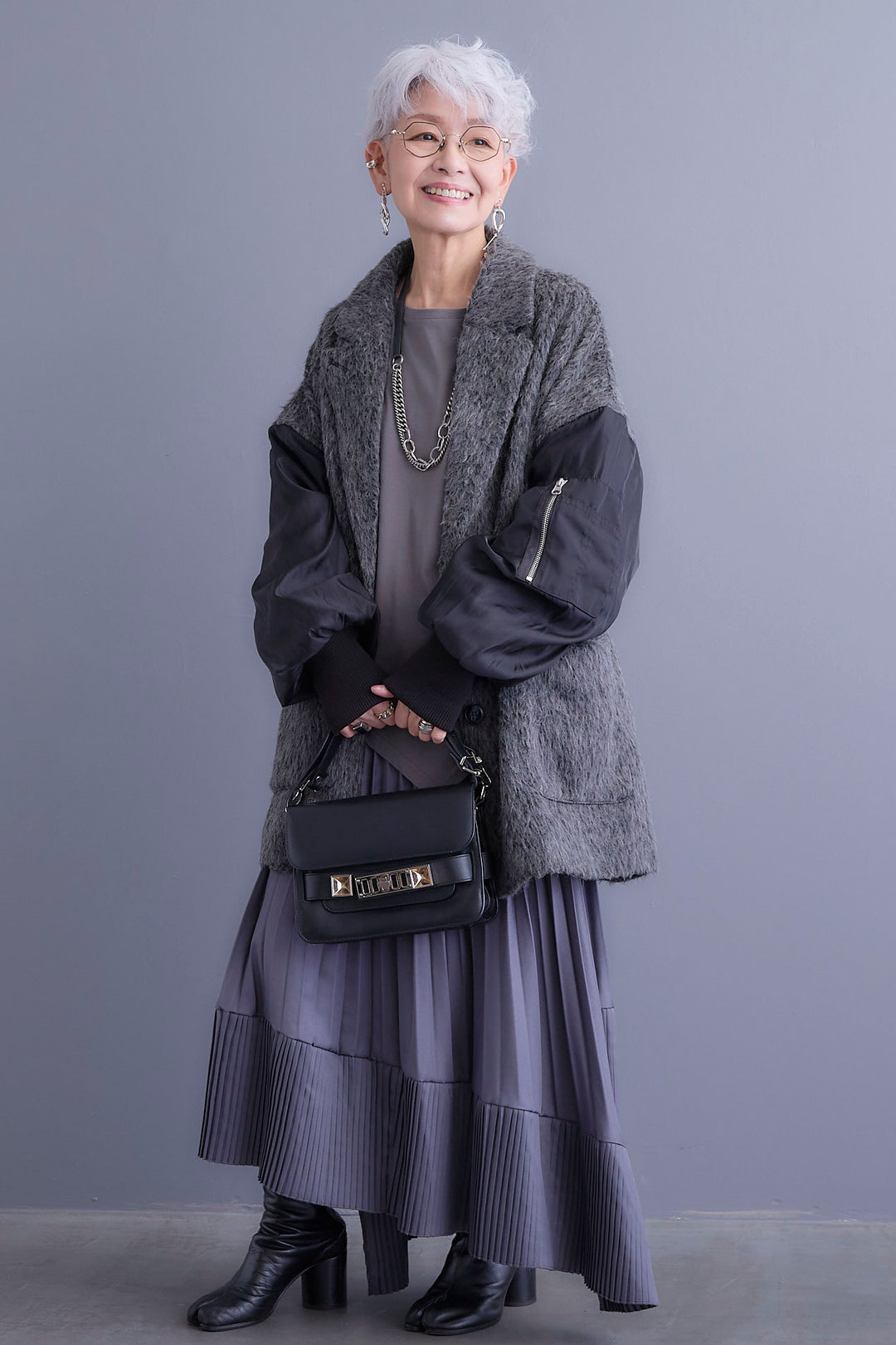 【新色追加】【SET】アシンメトリーロンT+チュールレイヤードMA-1シャギーオーバーコート+アシンメトリープリーツスカート(3set)