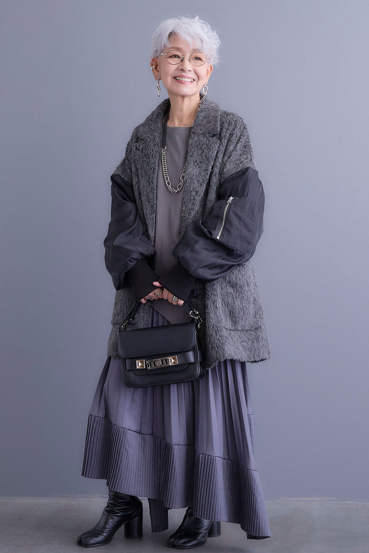 【新色追加】【SET】アシンメトリーロンT+チュールレイヤードMA-1シャギーオーバーコート+アシンメトリープリーツスカート(3set)