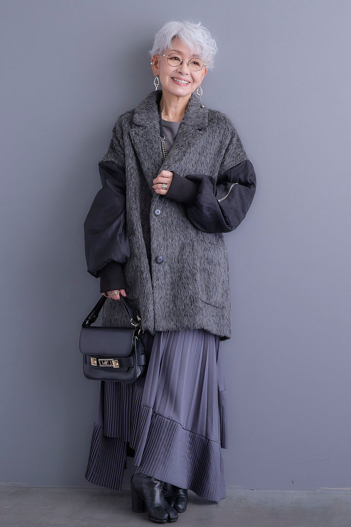 【新色追加】【SET】アシンメトリーロンT+チュールレイヤードMA-1シャギーオーバーコート+アシンメトリープリーツスカート(3set)