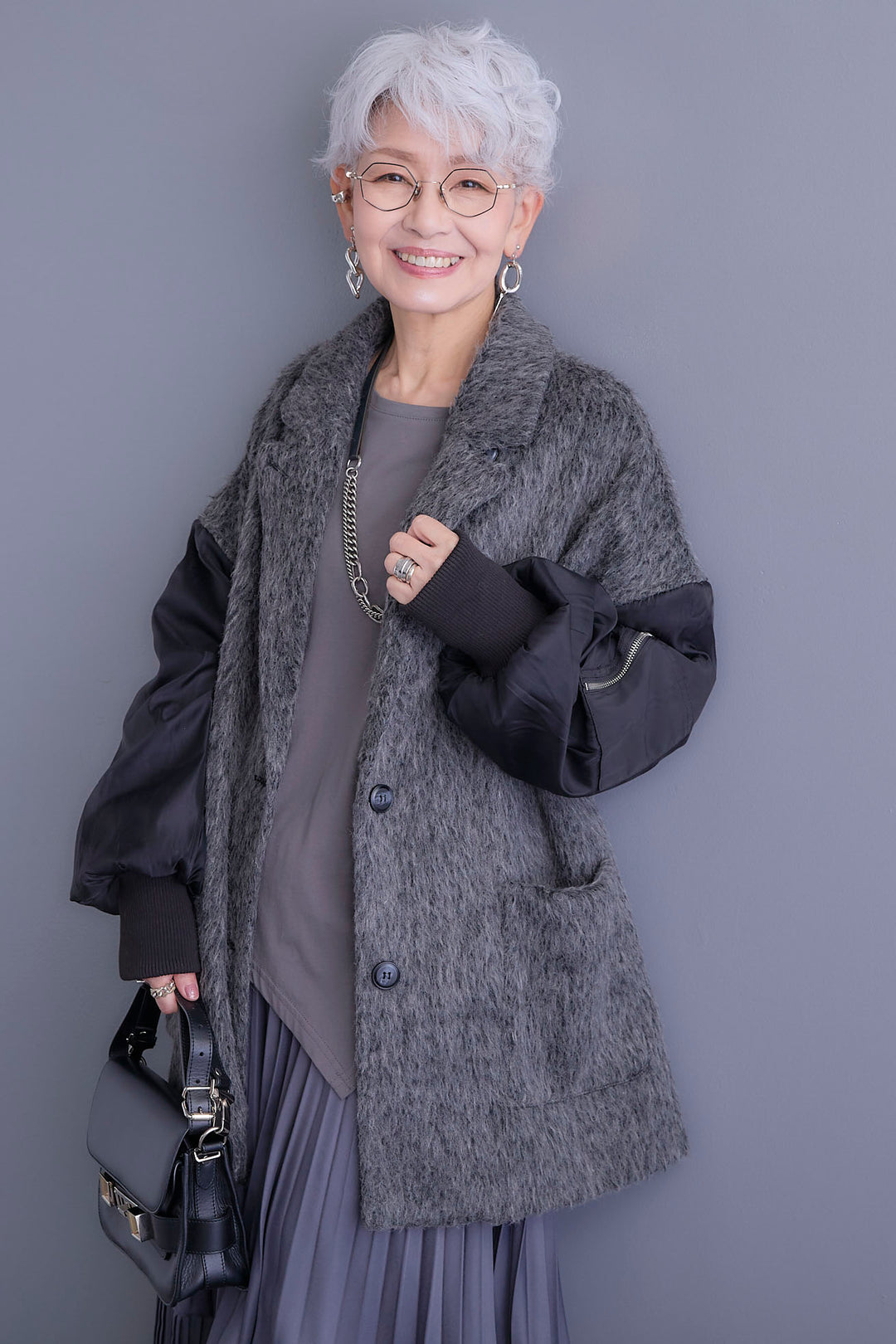 【新色追加】【SET】アシンメトリーロンT+チュールレイヤードMA-1シャギーオーバーコート+アシンメトリープリーツスカート(3set)