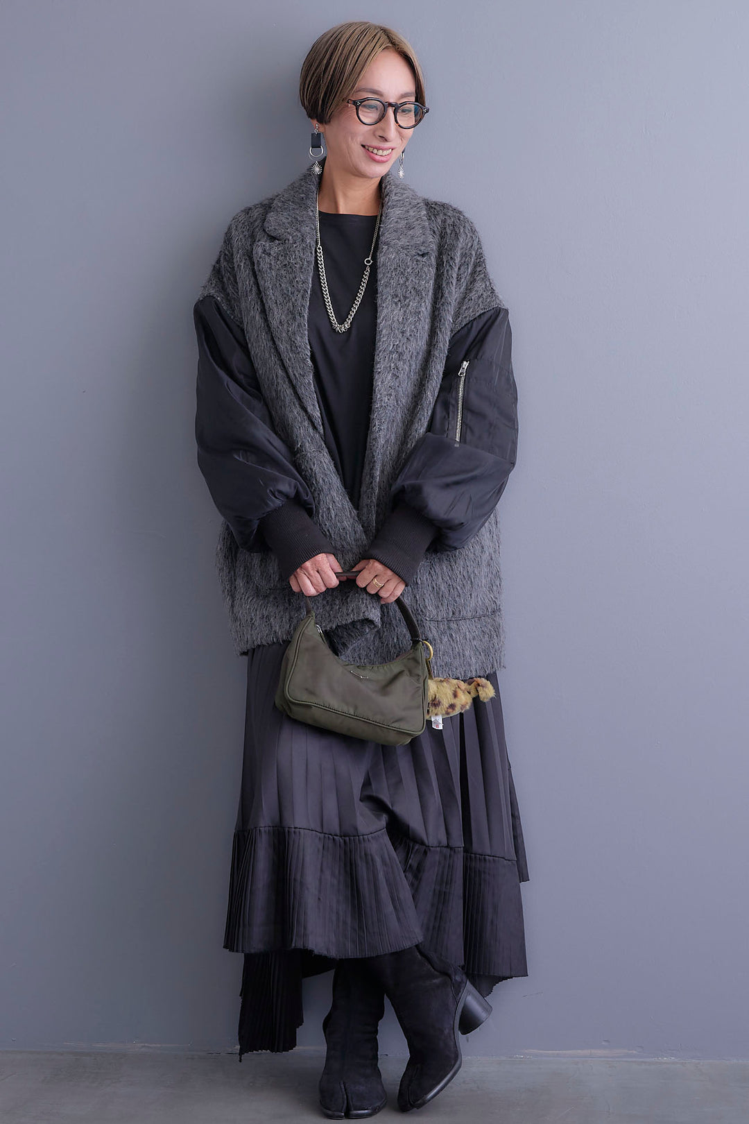 【新色追加】【SET】アシンメトリーロンT+チュールレイヤードMA-1シャギーオーバーコート+アシンメトリープリーツスカート(3set)