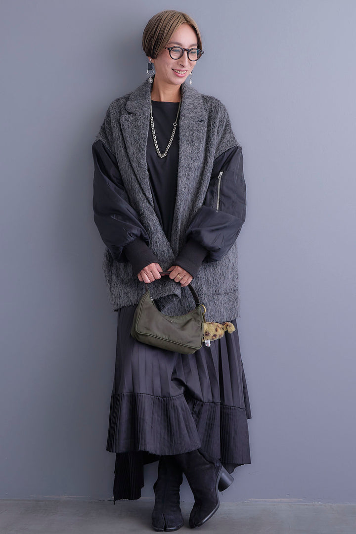 【新色追加】【SET】アシンメトリーロンT+チュールレイヤードMA-1シャギーオーバーコート+アシンメトリープリーツスカート(3set)