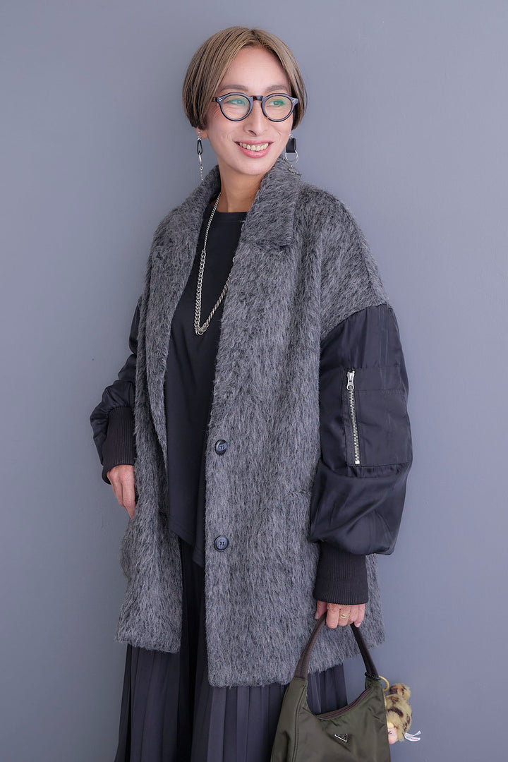 【新色追加】【SET】アシンメトリーロンT+チュールレイヤードMA-1シャギーオーバーコート+アシンメトリープリーツスカート(3set)