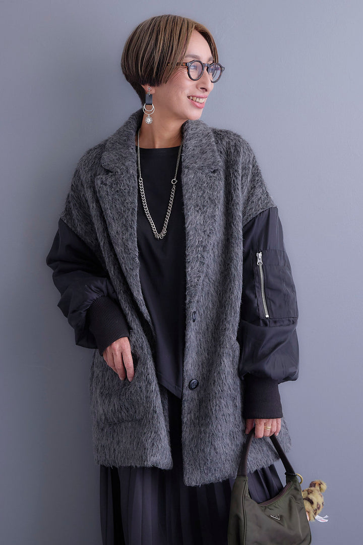 【新色追加】【SET】アシンメトリーロンT+チュールレイヤードMA-1シャギーオーバーコート+アシンメトリープリーツスカート(3set)