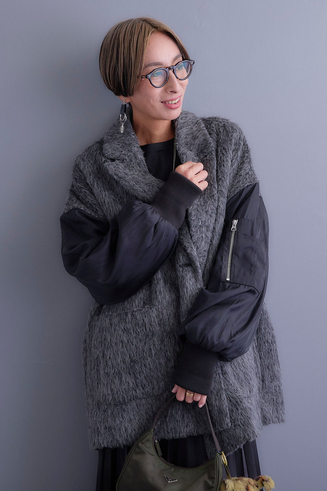 【新色追加】【SET】アシンメトリーロンT+チュールレイヤードMA-1シャギーオーバーコート+アシンメトリープリーツスカート(3set)