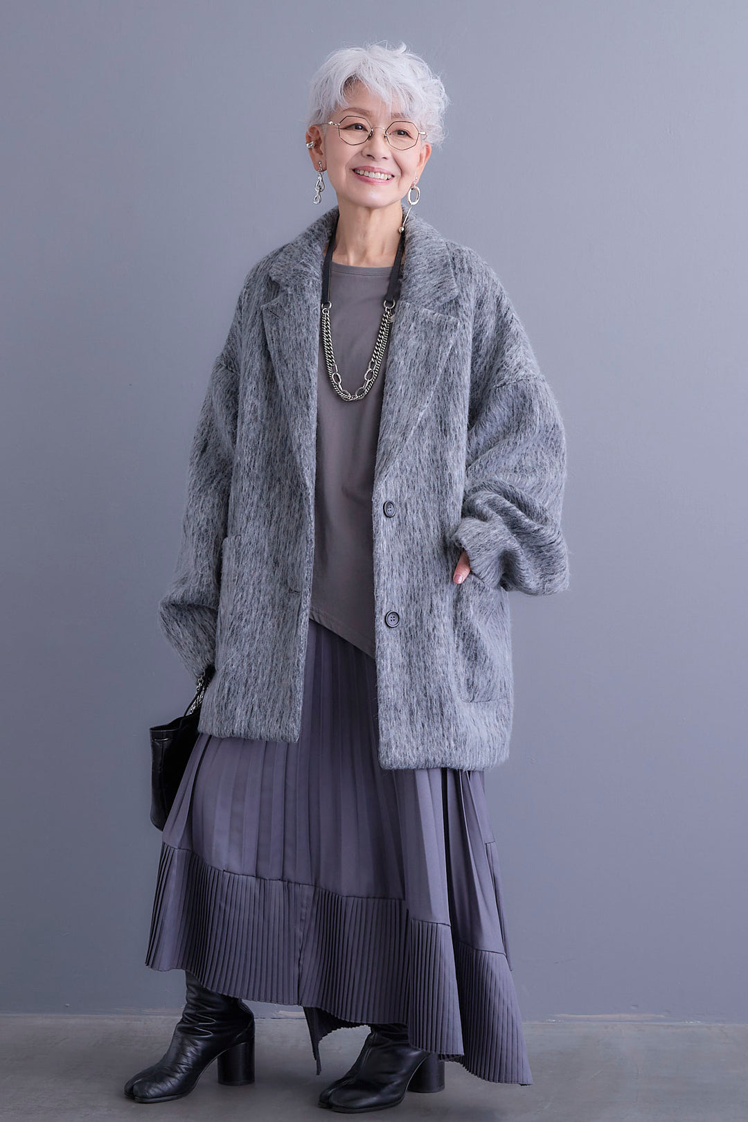 【SET】アシンメトリーロンT+シャギーテーラードコート+アシンメトリープリーツスカート(3set)