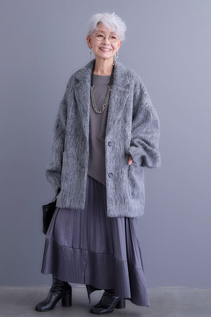 【SET】アシンメトリーロンT+シャギーテーラードコート+アシンメトリープリーツスカート(3set)