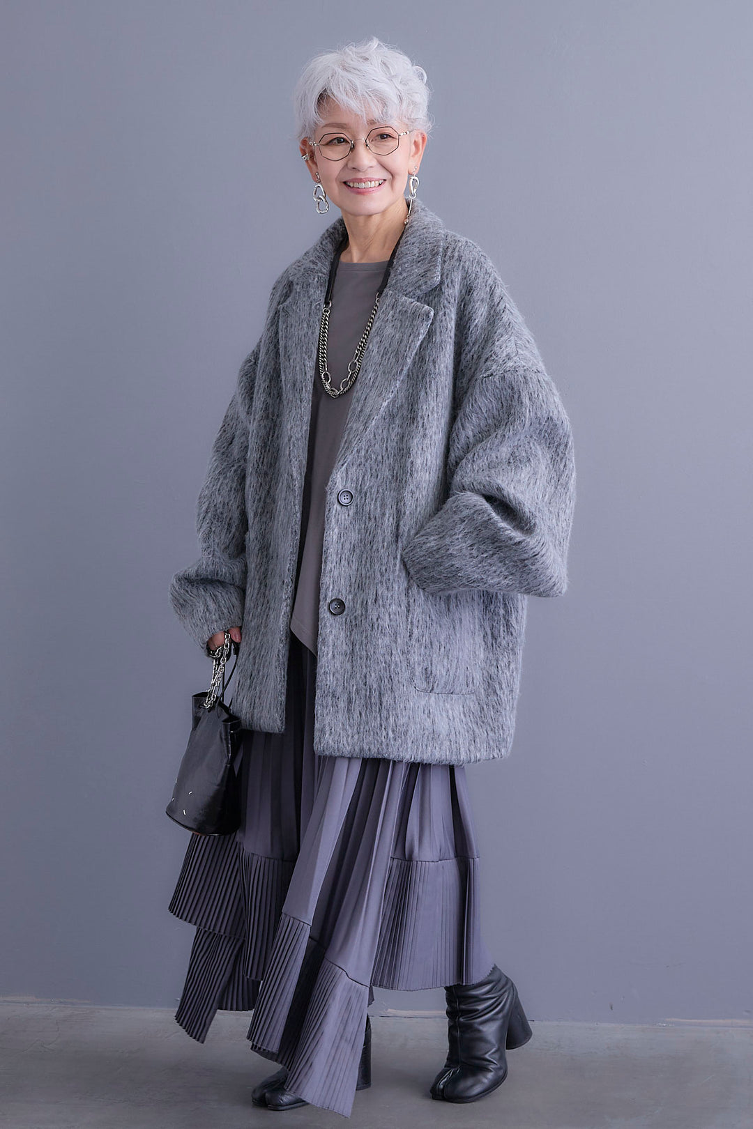 【SET】アシンメトリーロンT+シャギーテーラードコート+アシンメトリープリーツスカート(3set)