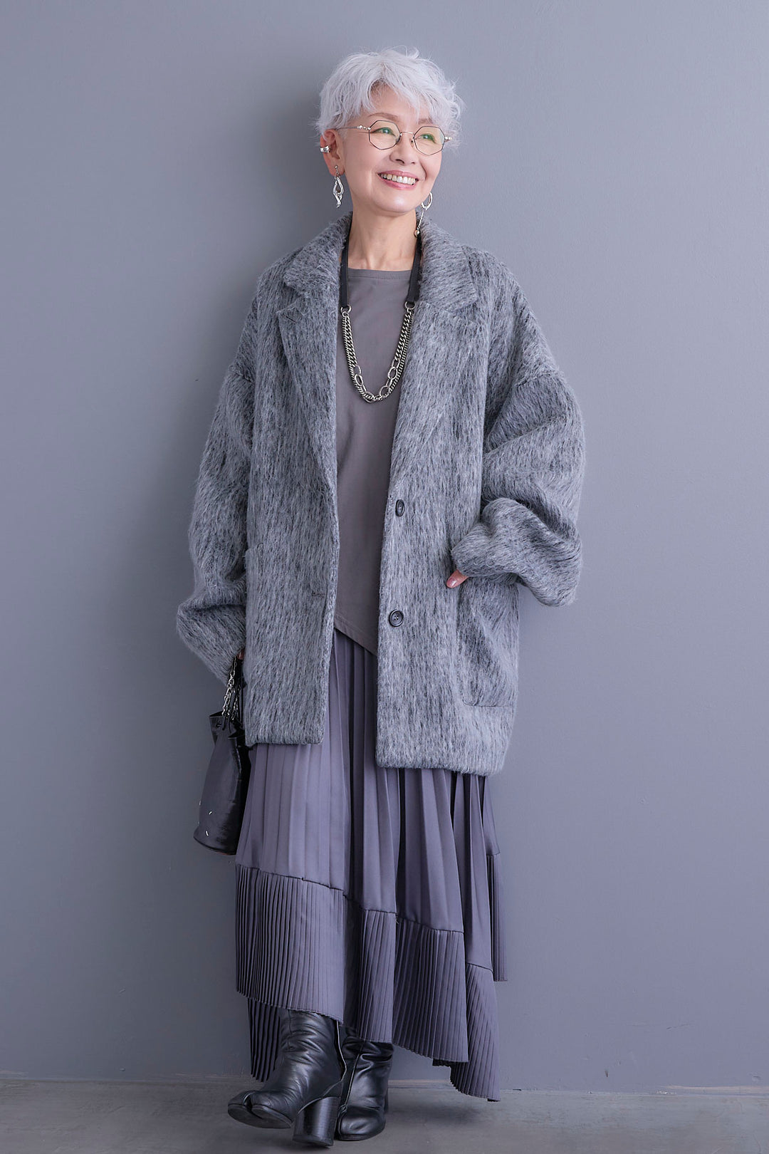 【SET】アシンメトリーロンT+シャギーテーラードコート+アシンメトリープリーツスカート(3set)