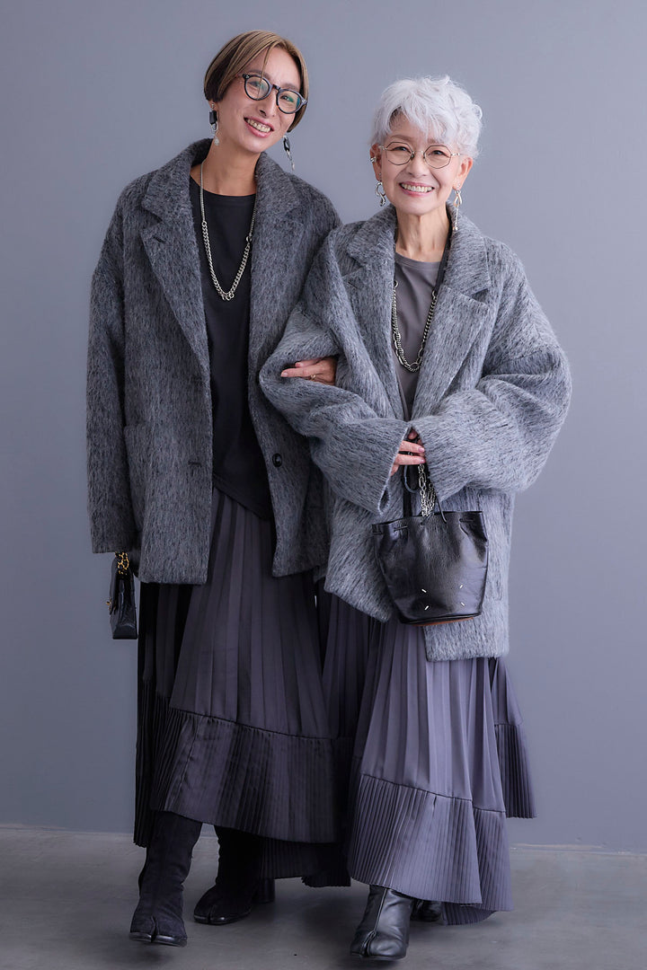 【SET】アシンメトリーロンT+シャギーテーラードコート+アシンメトリープリーツスカート(3set)