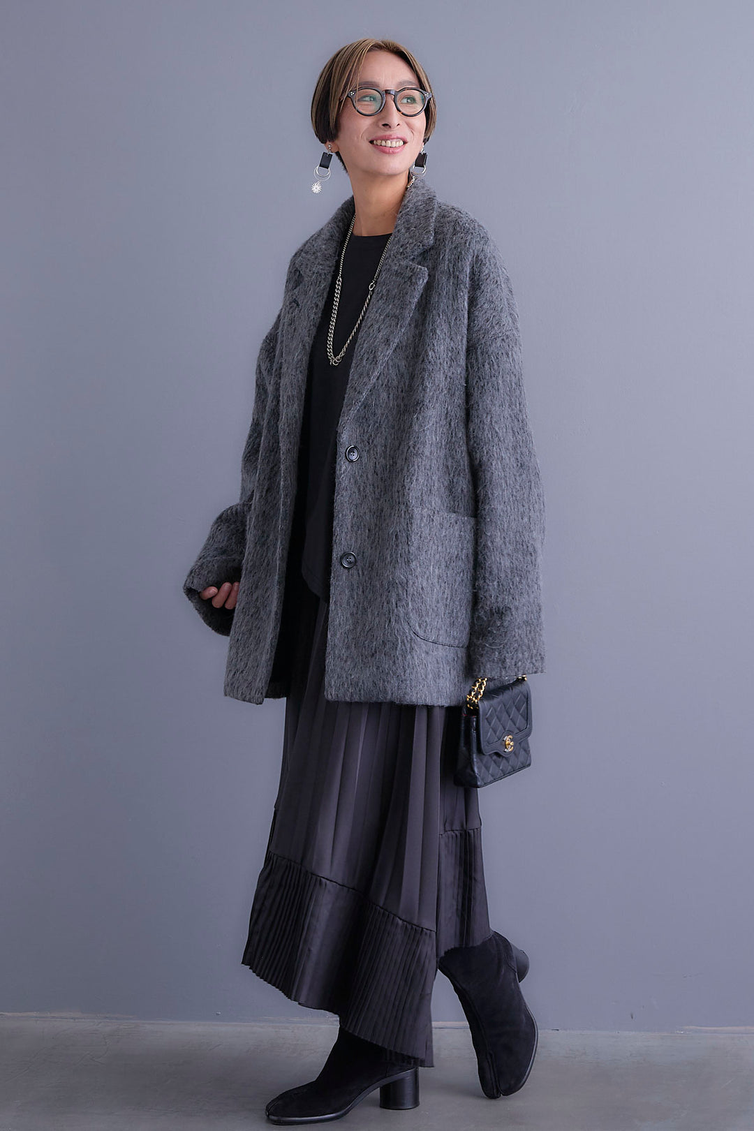 【SET】アシンメトリーロンT+シャギーテーラードコート+アシンメトリープリーツスカート(3set)