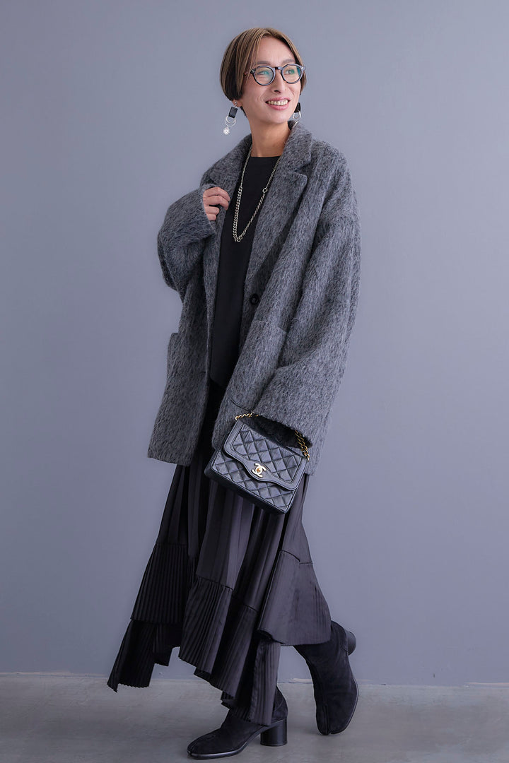 【SET】アシンメトリーロンT+シャギーテーラードコート+アシンメトリープリーツスカート(3set)