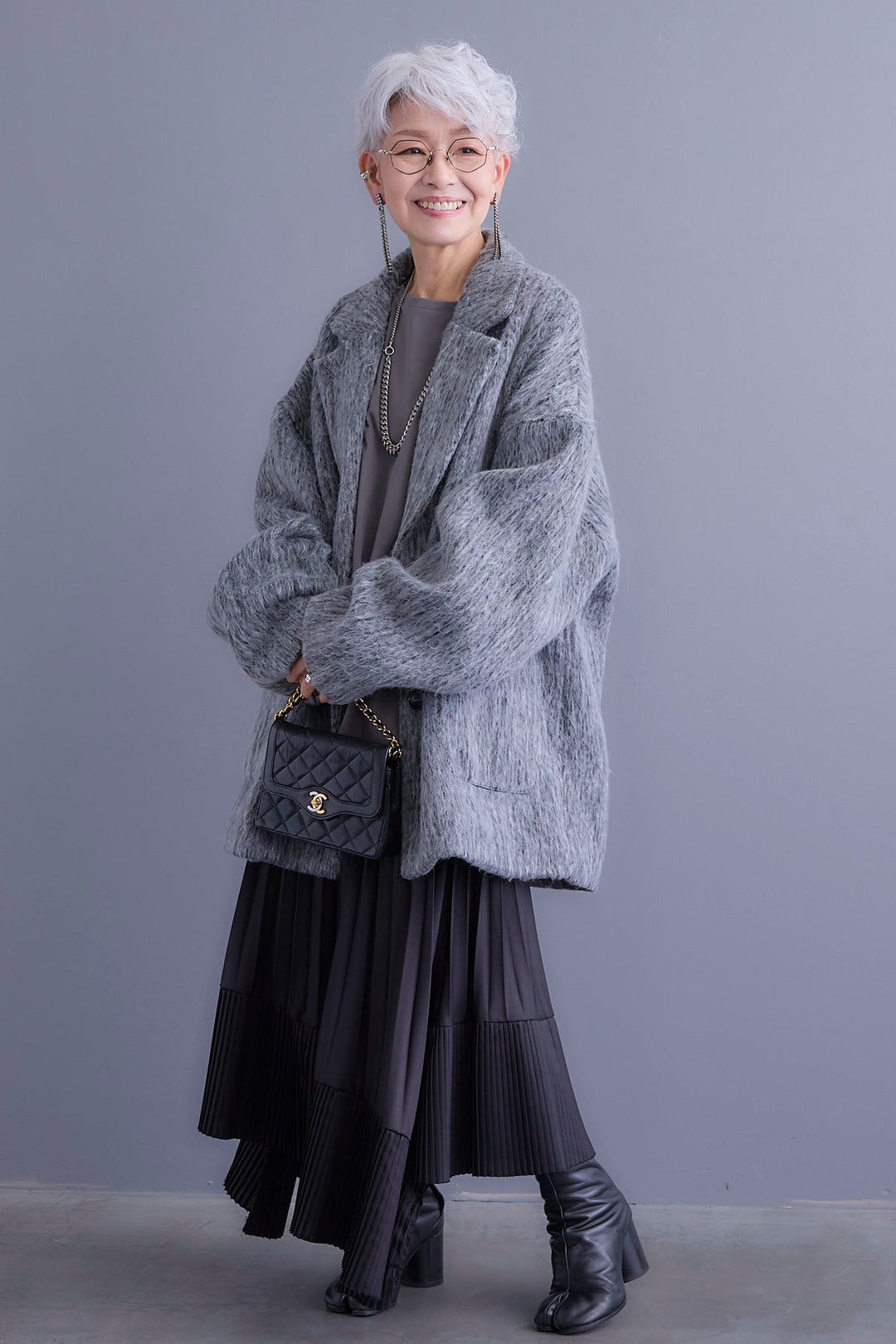 【SET】アシンメトリーロンT+シャギーテーラードコート+アシンメトリープリーツスカート(3set)