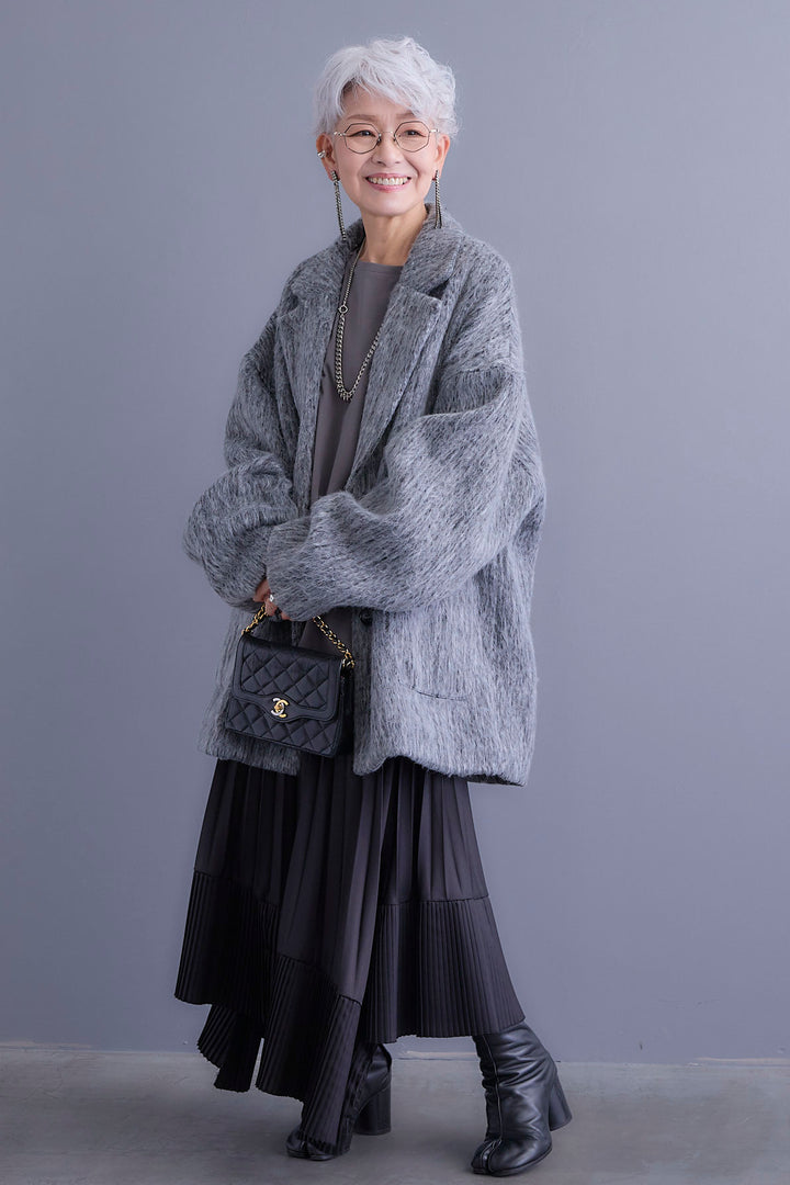 【SET】アシンメトリーロンT+シャギーテーラードコート+アシンメトリープリーツスカート(3set)