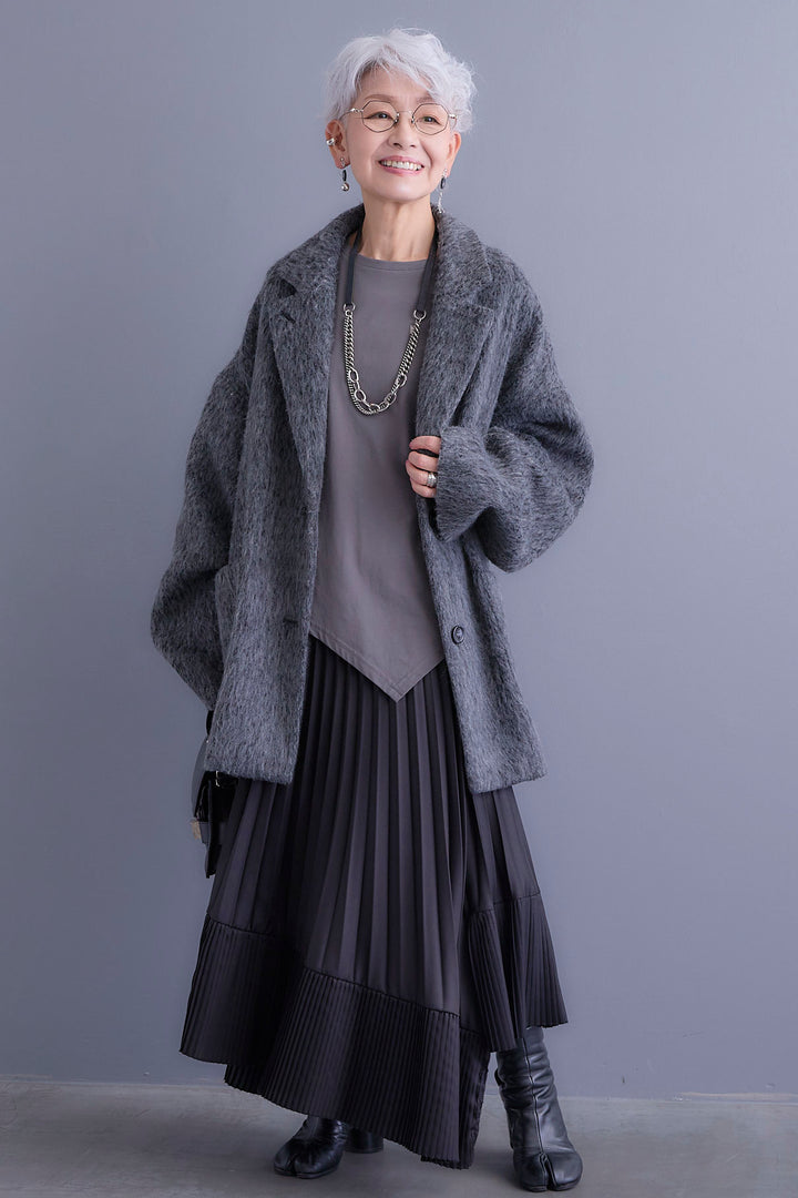 【SET】アシンメトリーロンT+シャギーテーラードコート+アシンメトリープリーツスカート(3set)