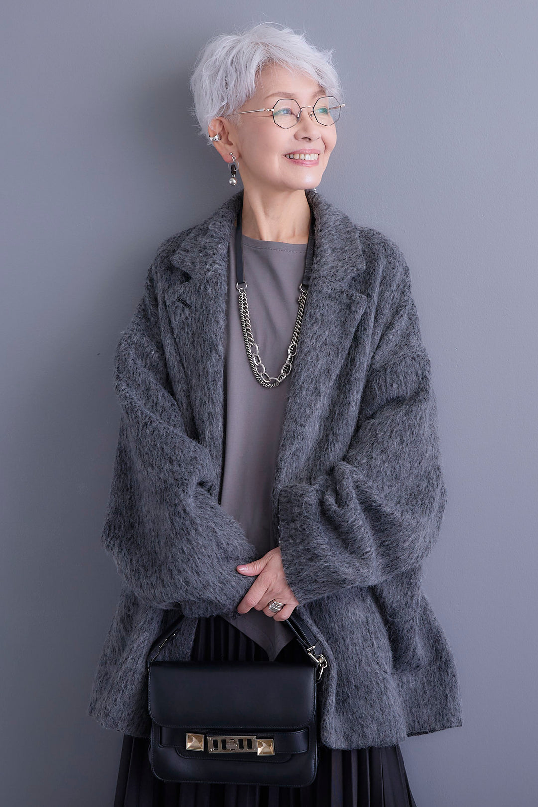 【SET】アシンメトリーロンT+シャギーテーラードコート+アシンメトリープリーツスカート(3set)