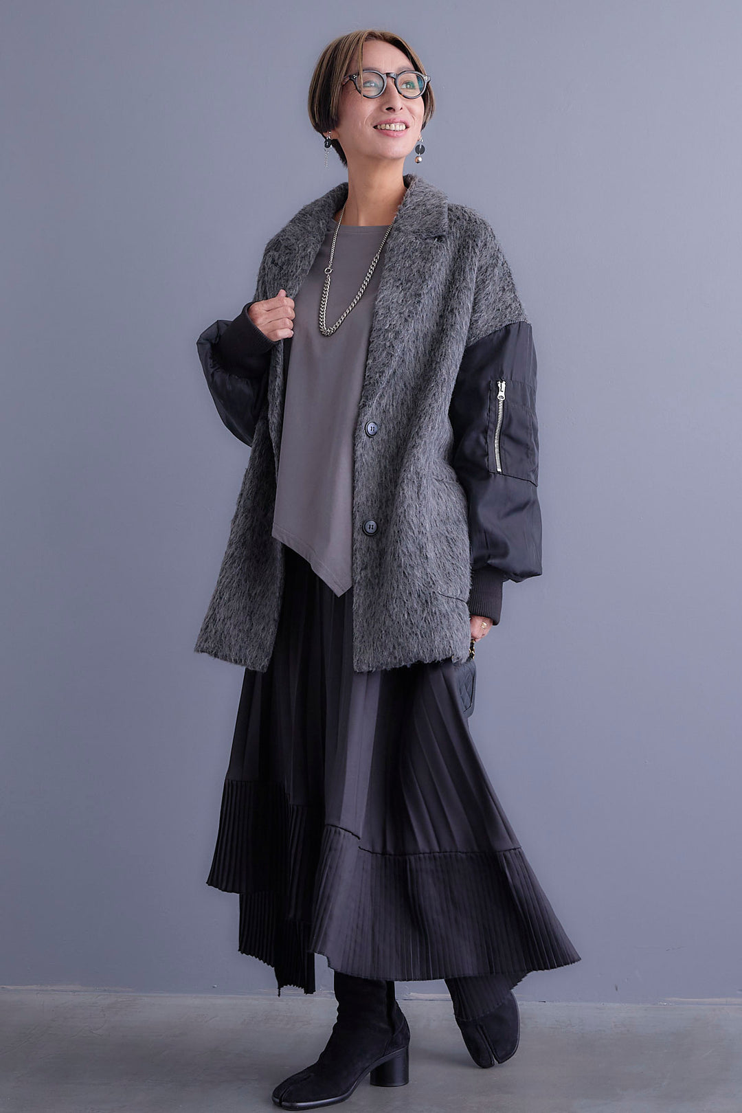 【新色追加】【SET】アシンメトリーロンT+チュールレイヤードMA-1シャギーオーバーコート+アシンメトリープリーツスカート(3set)