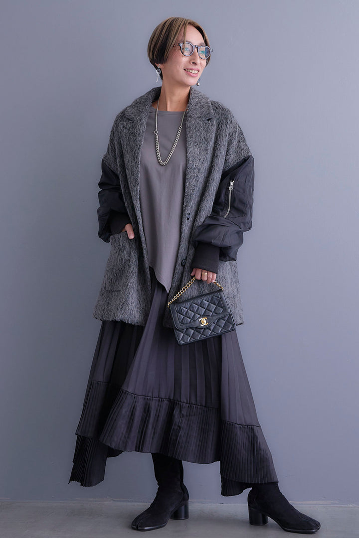 【新色追加】【SET】アシンメトリーロンT+チュールレイヤードMA-1シャギーオーバーコート+アシンメトリープリーツスカート(3set)