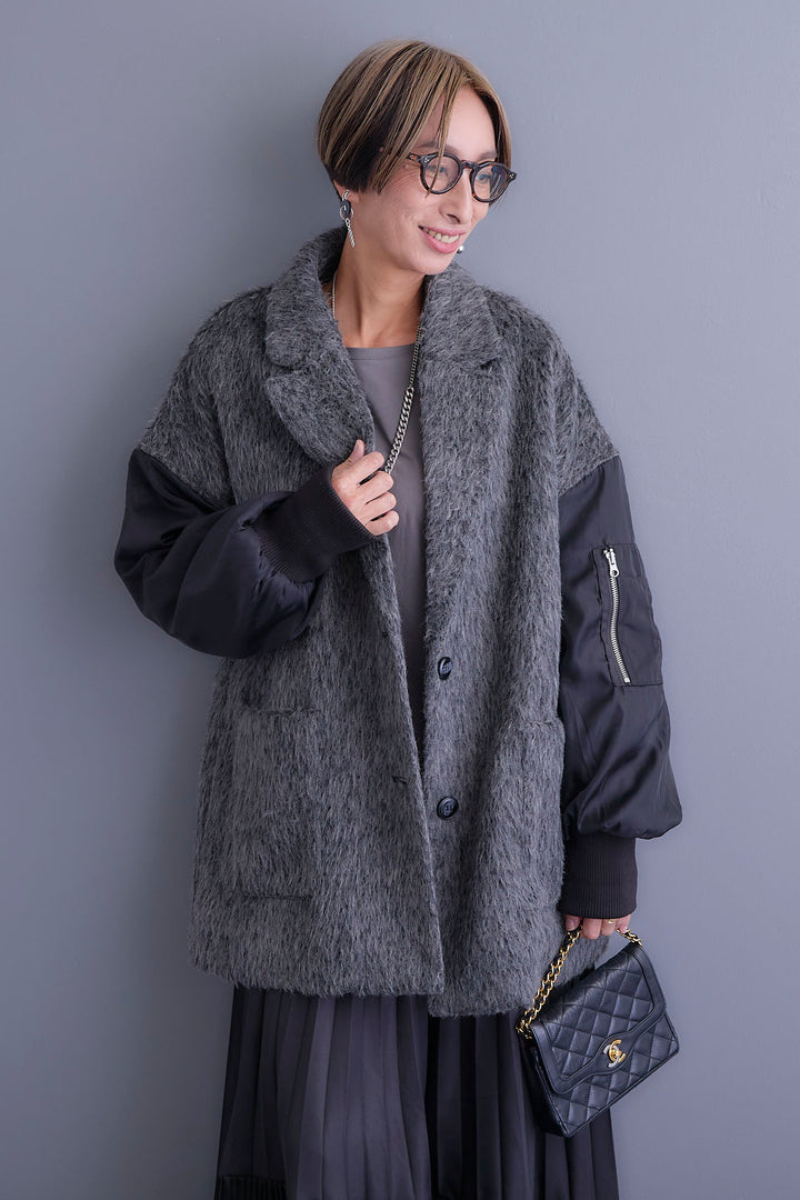 【新色追加】【SET】アシンメトリーロンT+チュールレイヤードMA-1シャギーオーバーコート+アシンメトリープリーツスカート(3set)