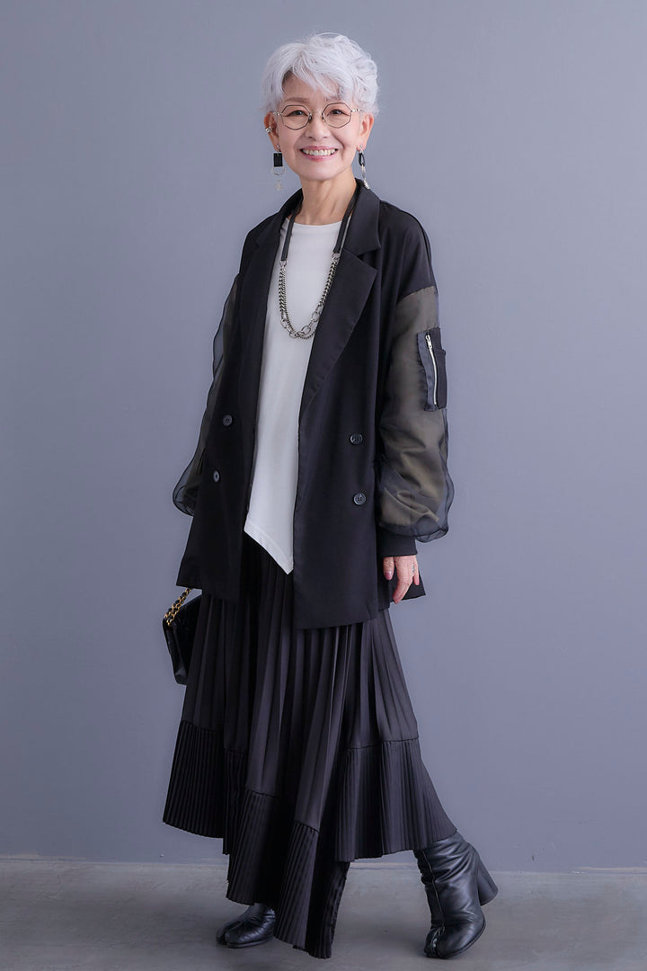 【新色追加】【SET】チュールレイヤードMA-1ジャケット+アシンメトリーロンT+アシンメトリープリーツスカート(3set)