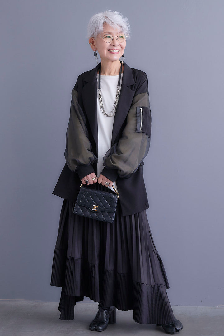 【SET】チュールレイヤードMA-1ジャケット+アシンメトリーロンT(2set)