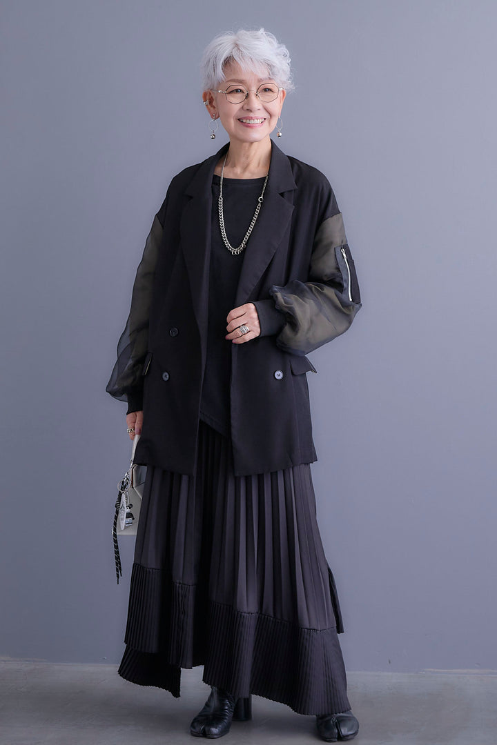 【新色追加】【SET】チュールレイヤードMA-1ジャケット+アシンメトリーロンT+アシンメトリープリーツスカート(3set)