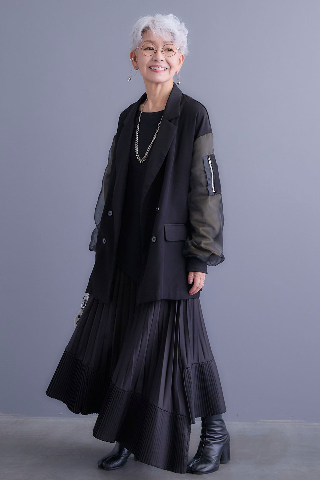 【新色追加】【SET】チュールレイヤードMA-1ジャケット+アシンメトリーロンT+アシンメトリープリーツスカート(3set)