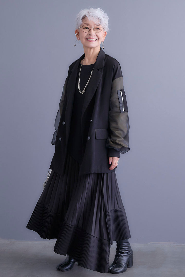 【新色追加】【SET】チュールレイヤードMA-1ジャケット+アシンメトリーロンT+アシンメトリープリーツスカート(3set)