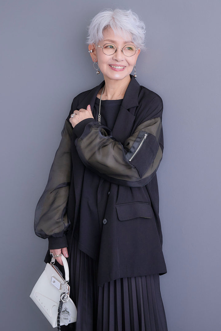 【新色追加】【SET】チュールレイヤードMA-1ジャケット+アシンメトリーロンT+アシンメトリープリーツスカート(3set)