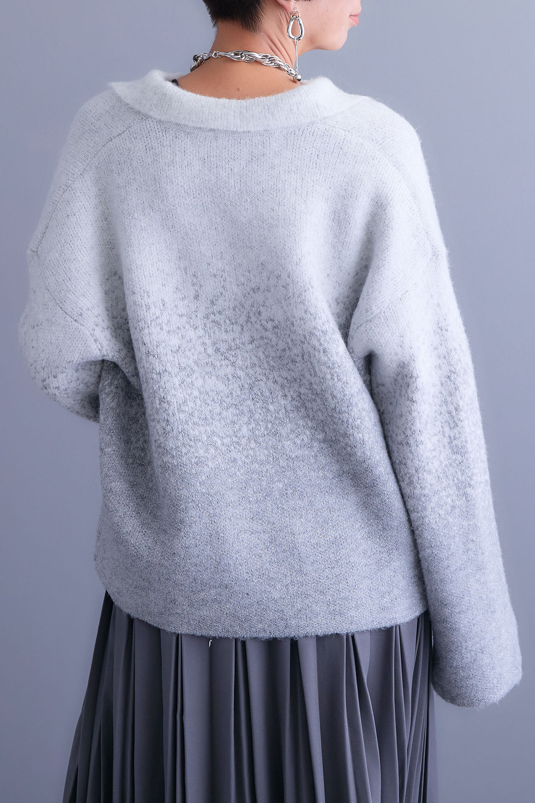 【SET】グラデーションラメキーネックニット+ダブルプリーツロングスカート(2set)