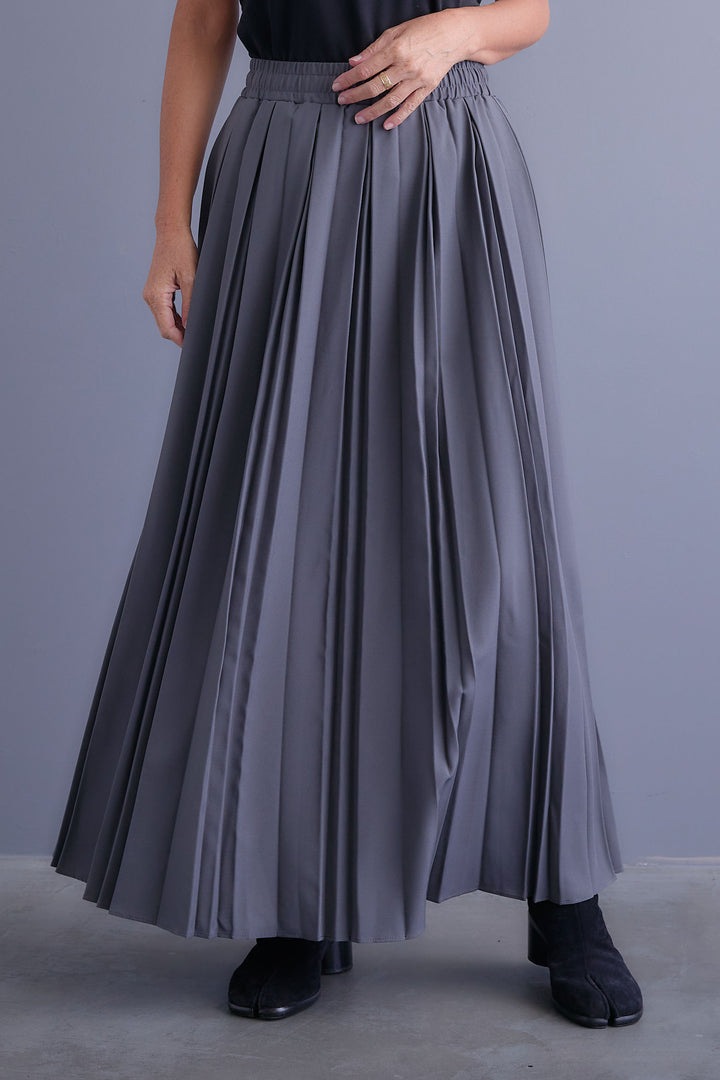 【SET】タックスリーブシャツニットコンビプルオーバー+ダブルプリーツロングスカート(2set)