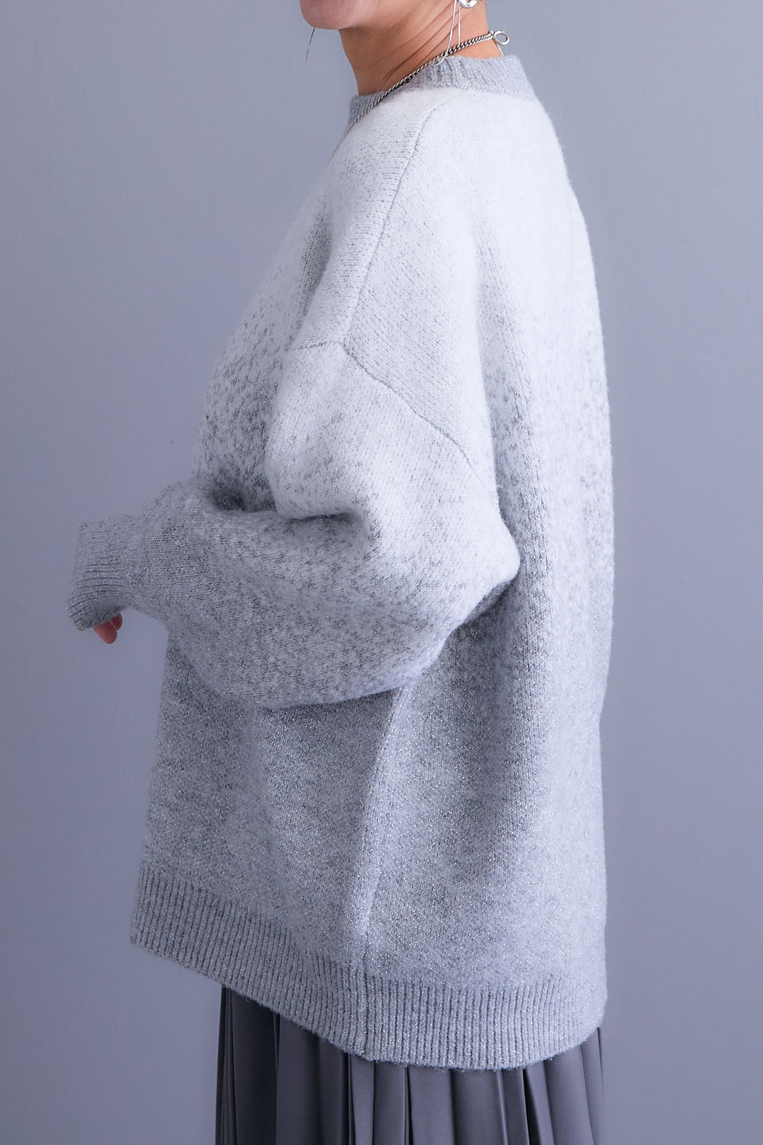 【SET】グラデーションラメクルーネックニット+ダブルプリーツロングスカート(2set)