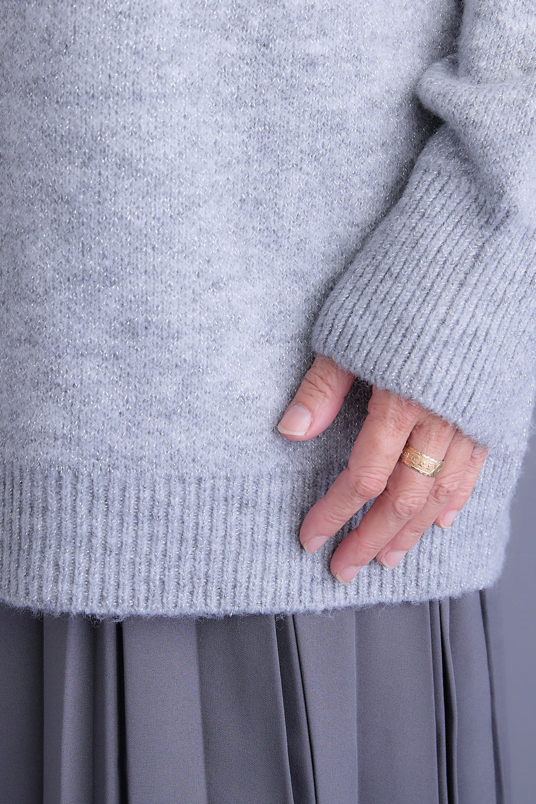 【SET】グラデーションラメクルーネックニット+ダブルプリーツロングスカート(2set)