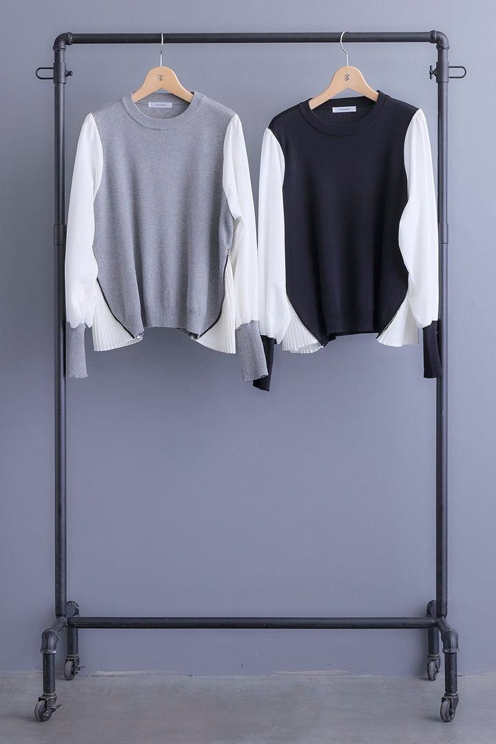 【新色追加】【SET】ZIPサイドプリーツニットコンビプルオーバー+アシンメトリープリーツスカート(2set)