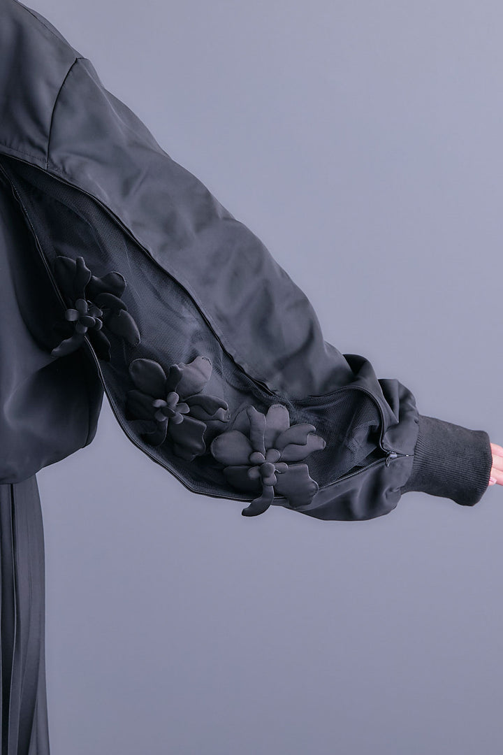 【SET】アシンメトリーオーバーニット+チュールフラワースリーブMA-1【2WAY】+アシンメトリープリーツスカート(3set)