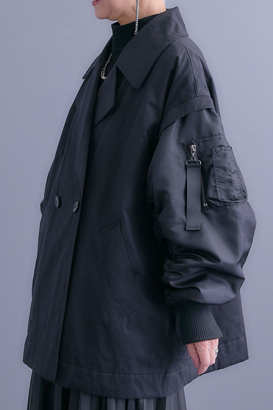 【SET】アシンメトリーオーバーニット+シャーリングMA-1オーバートレンチ【2WAY】+アシンメトリープリーツスカート(3set)