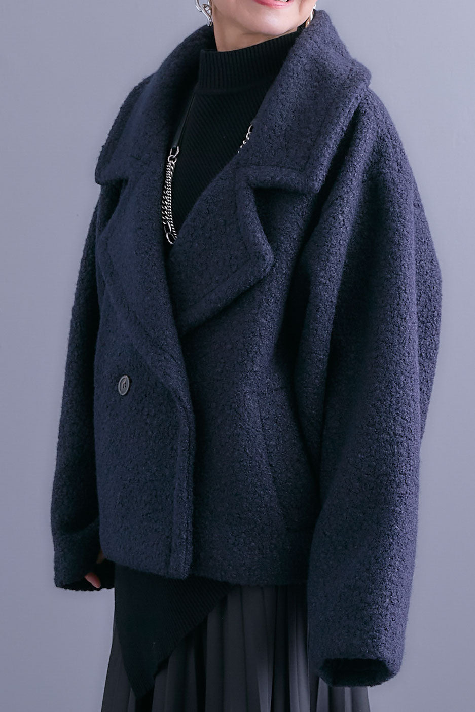 【SET】アシンメトリーオーバーニット+ブークレーオーバーミディコート+アシンメトリープリーツスカート(3set)