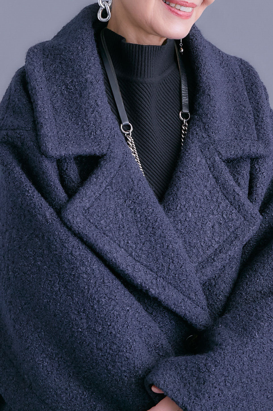 【SET】アシンメトリーオーバーニット+ブークレーオーバーミディコート+アシンメトリープリーツスカート(3set)