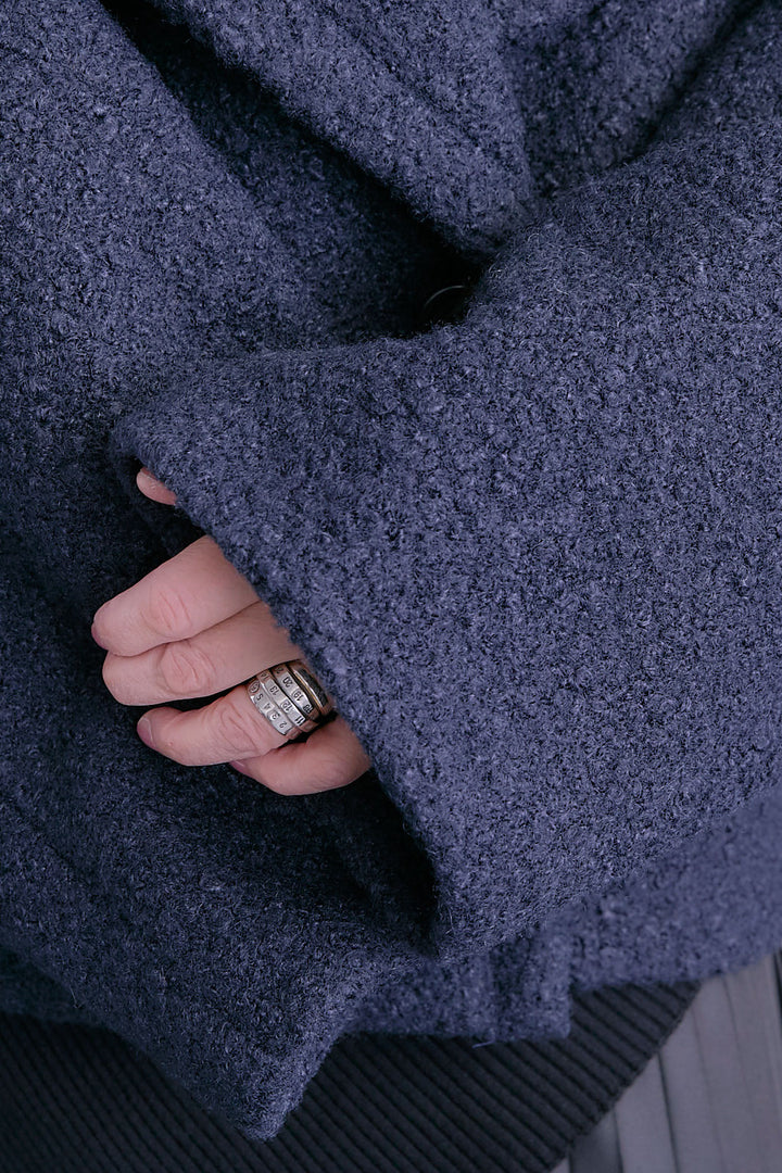 【SET】アシンメトリーオーバーニット+ブークレーオーバーミディコート+アシンメトリープリーツスカート(3set)