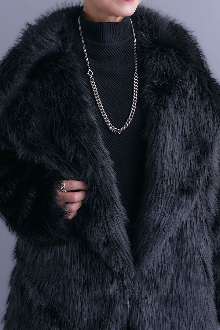 【SET】アシンメトリーオーバーニット+テーラードカラーファーコート+アシンメトリープリーツスカート(3set)