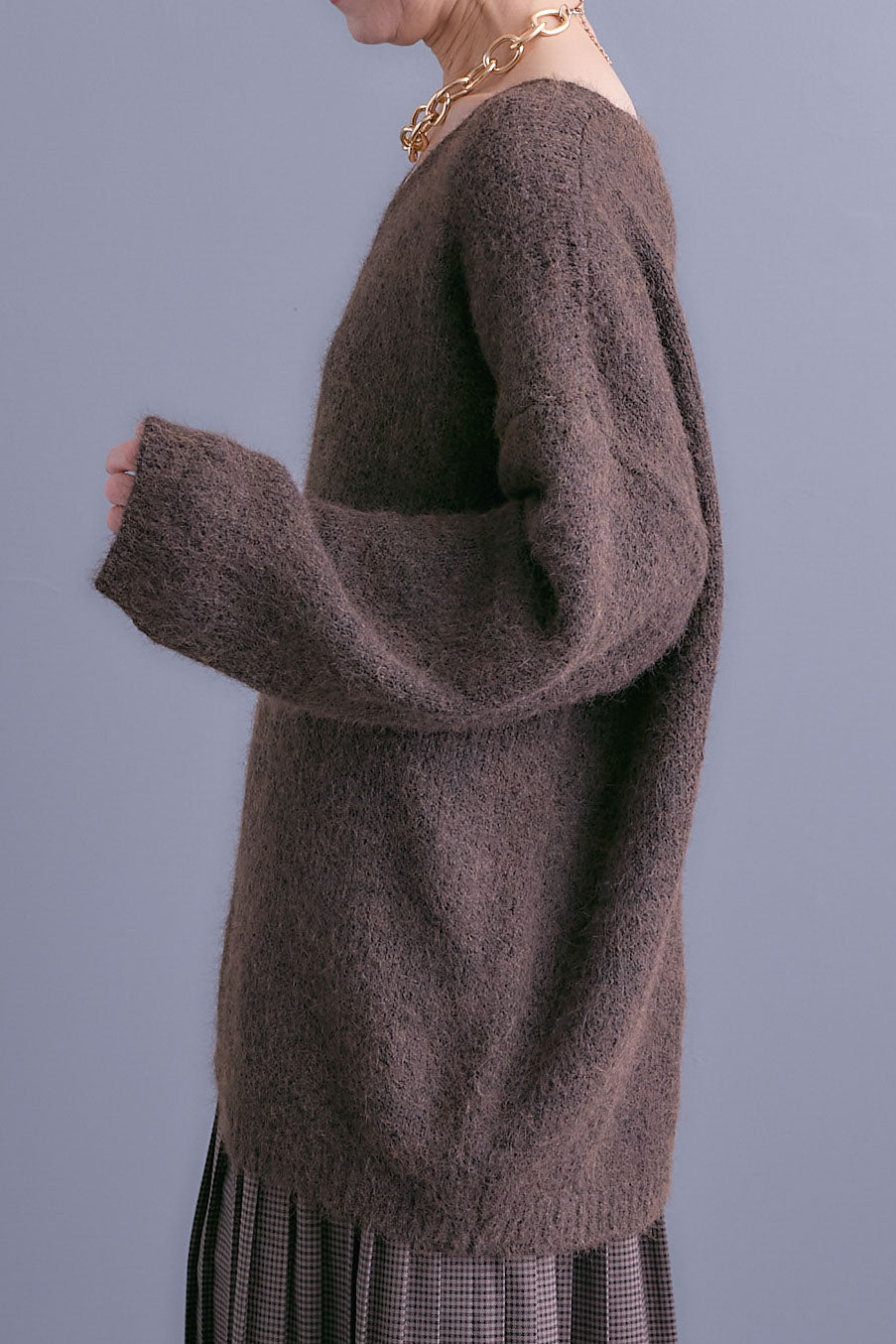 【SET】カーデケープVネックニット+グレンチェックプリーツスカート(2set)