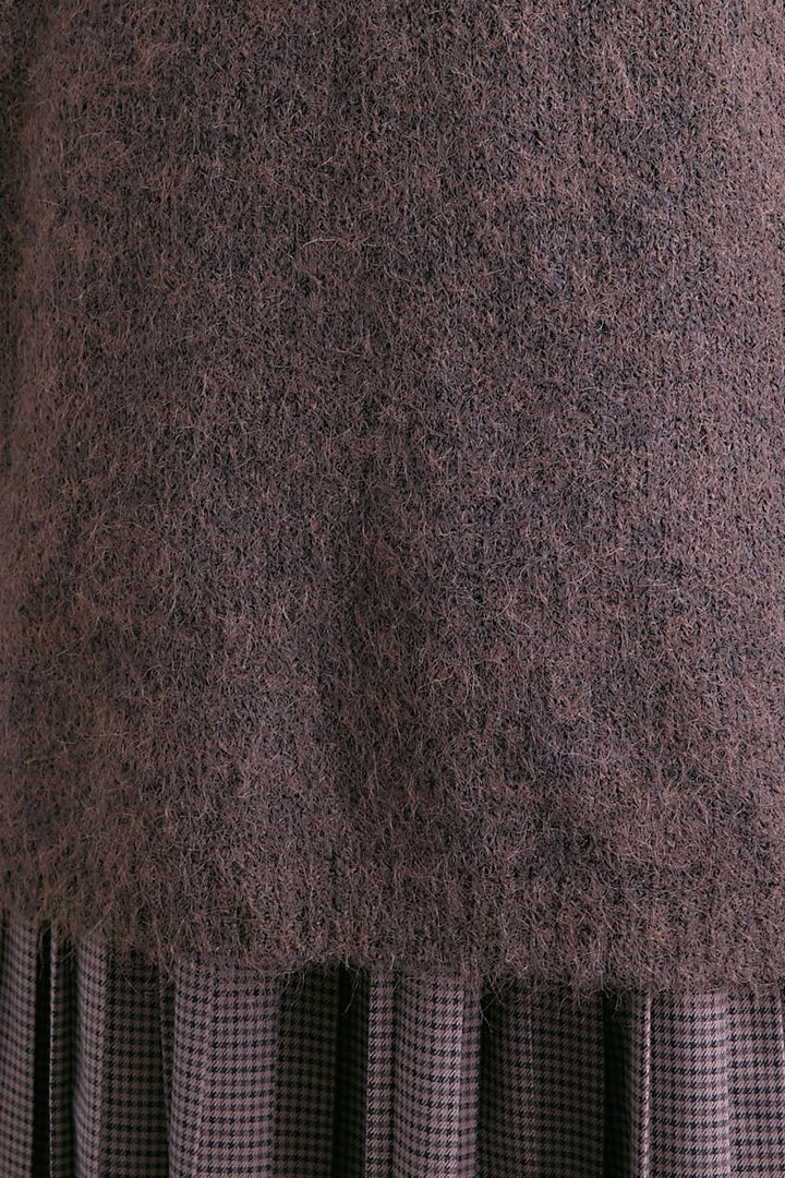 【SET】カーデケープVネックニット+グレンチェックプリーツスカート(2set)