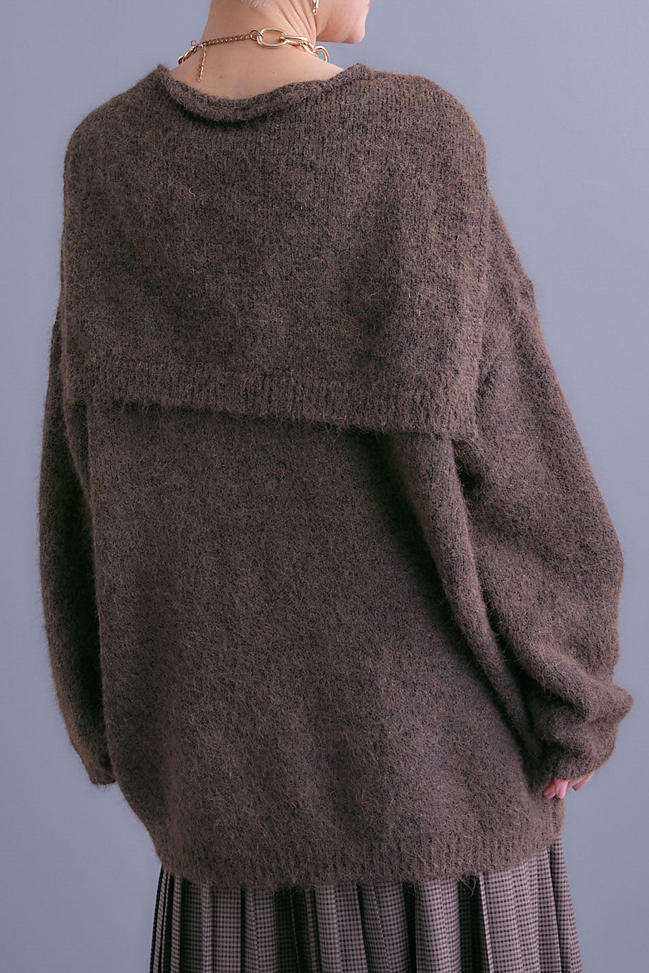 【SET】カーデケープVネックニット+スエードロングプリーツスカート(2set)