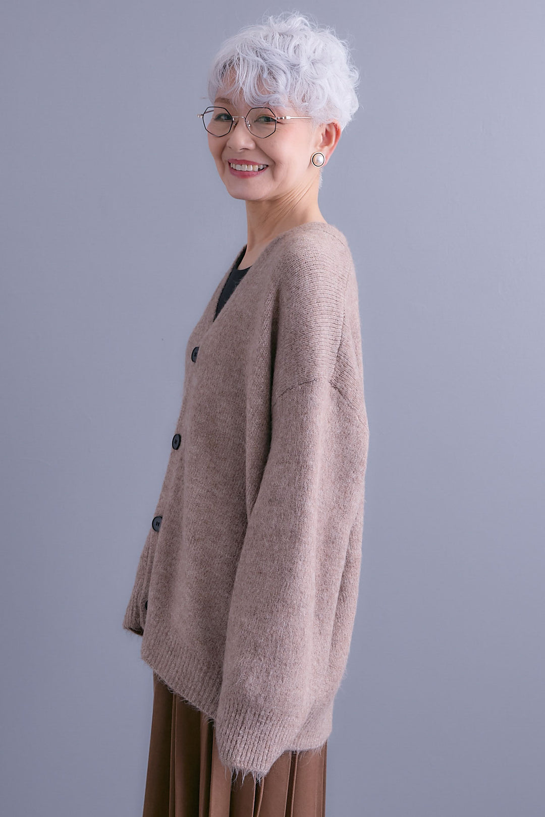 【SET】Vネックニットカーディガン&ストールSET+スエードロングプリーツスカート(2set)