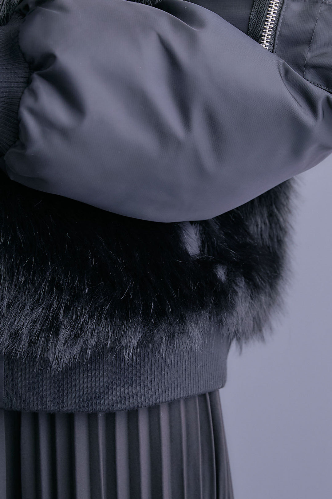 【SET】ファーシャギーMA-1ブルゾン+ルーズロングプリーツスカート(2set)