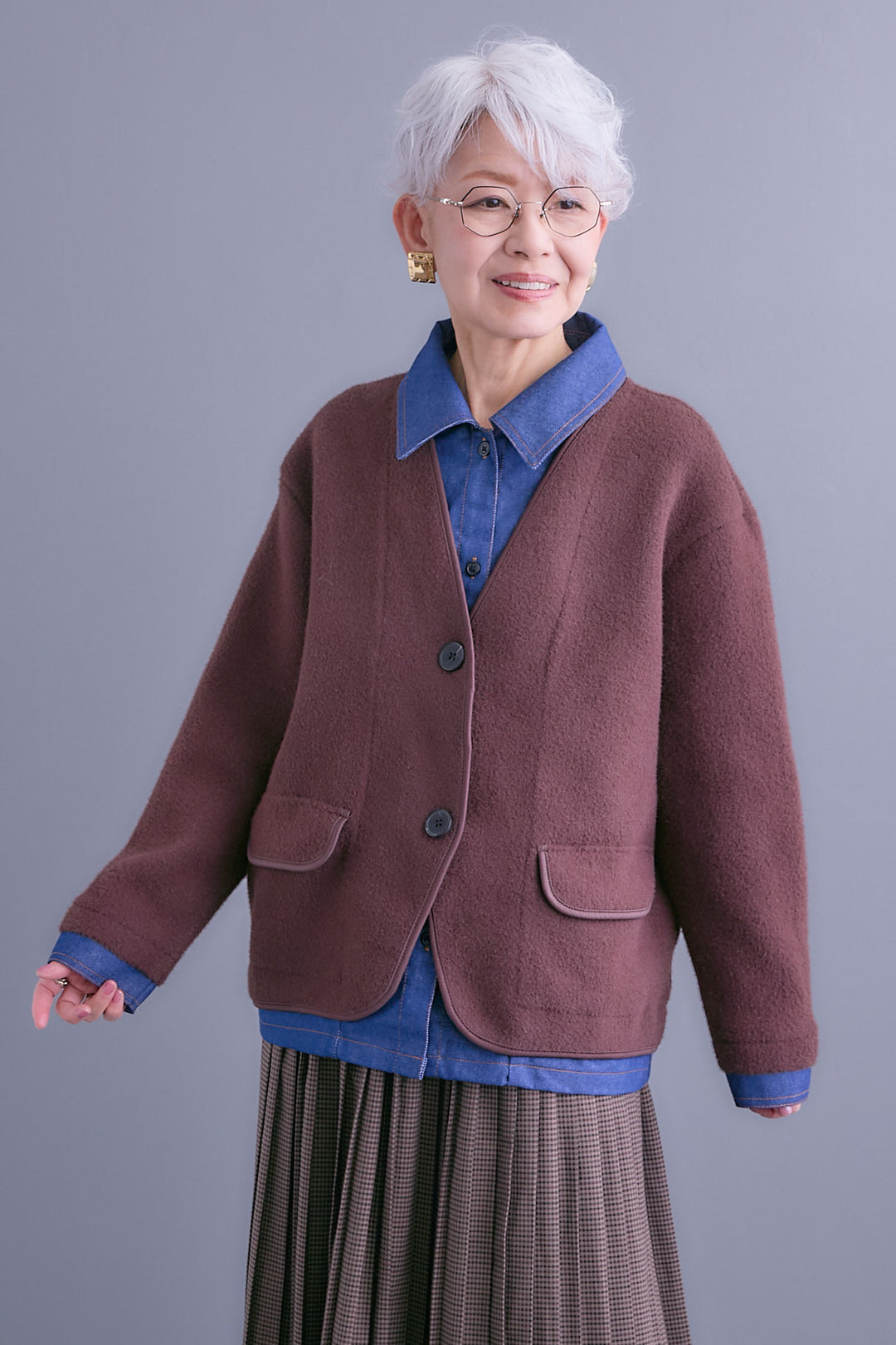 【SET】デニムレイヤードデザインカーディガン+グレンチェックプリーツスカート(2set)