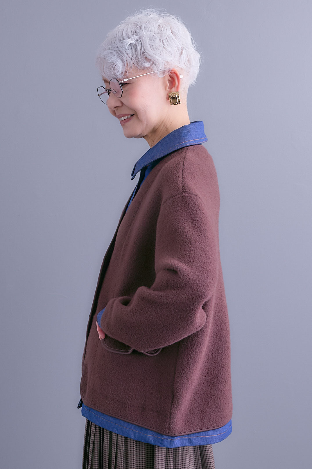 【SET】デニムレイヤードデザインカーディガン+グレンチェックプリーツスカート(2set)