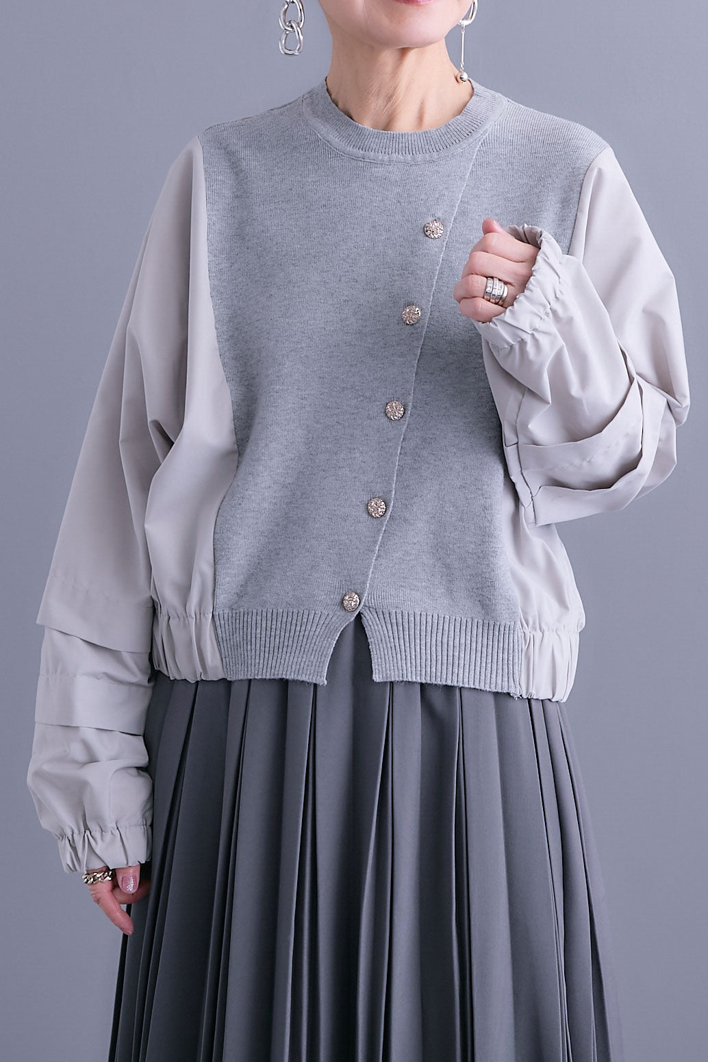 【SET】タックスリーブシャツニットコンビプルオーバー+ダブルプリーツロングスカート(2set)